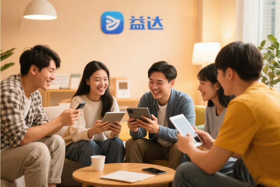 一群年轻用户围坐在一起，使用平板和手机愉快地交流，背景温馨现代，象征门徒应用的社区活跃氛围